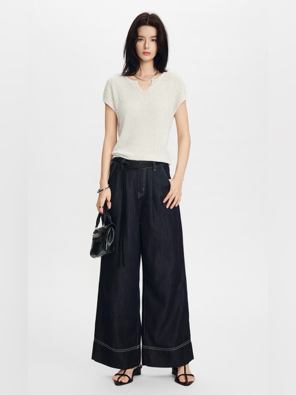 Chic Elastic-Back Wide-Leg Denim Tencel Trousers